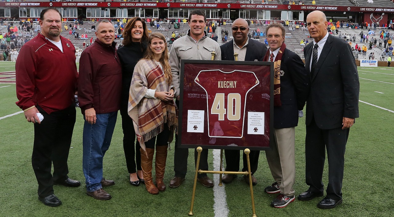 Former Eagles' linebacker Luke Kuechly's jersey was retired at ceremony at Alumni Stadium on October 22, 2016 Former Eagles' linebacker Luke Kuechly's jersey was retired at ceremony at Alumni Stadium on October 22, 2016