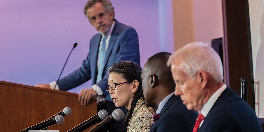 Former Mass. Secretary of Education Paul Reville, Washington state legislator Sharon Tomiko Santos, Nevada state legislator Tyrone Thompson, and Indiana state legislator Robert Behning.