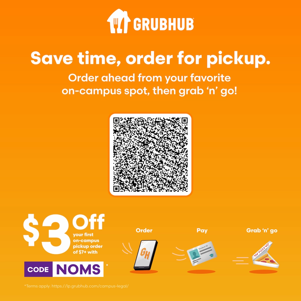Grubhub Graphic with QR code to get $3 off your first order.