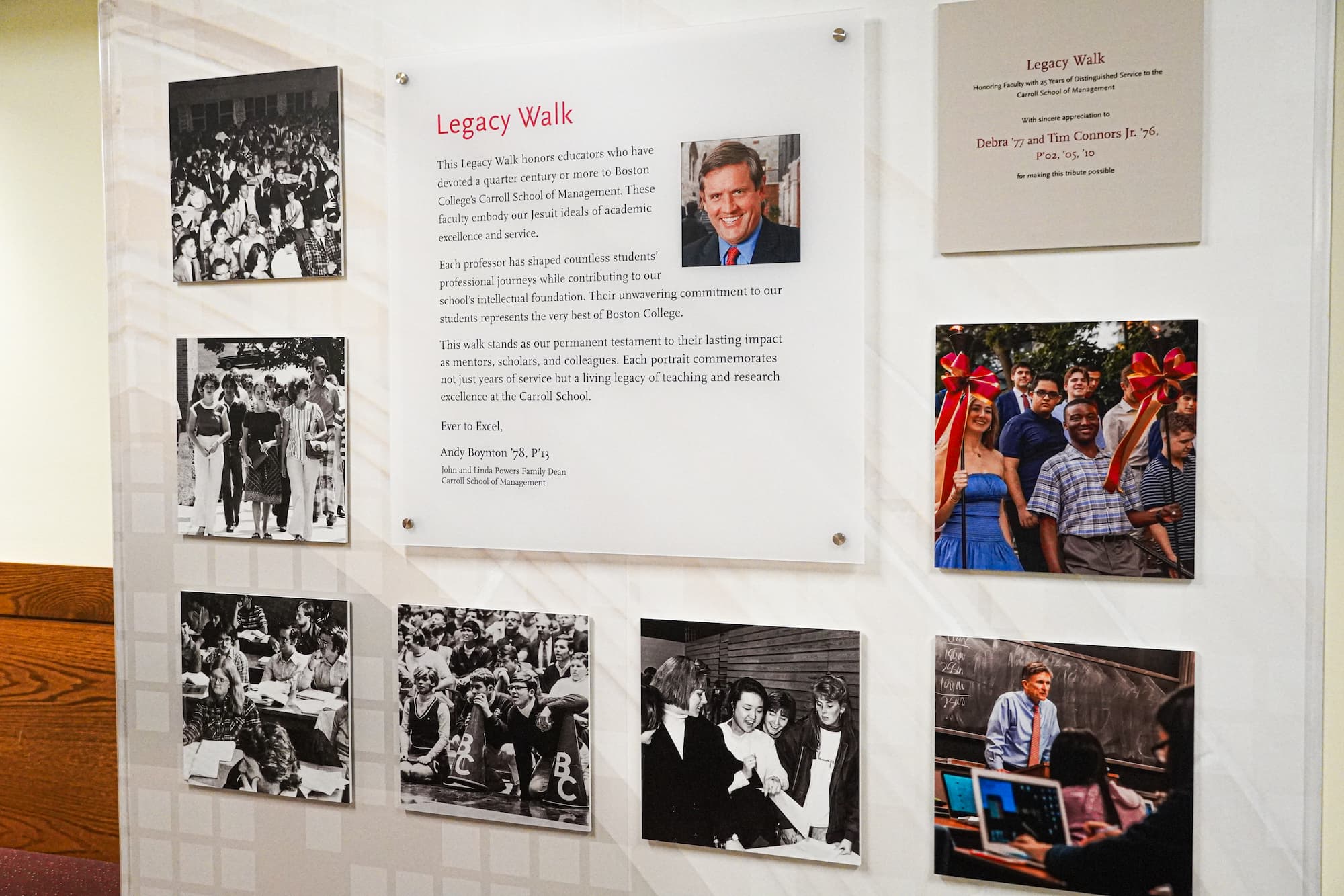 A new display on Fulton Hall’s fifth floor traces the Carroll School’s history, with a spotlight on faculty and their enduring contributions.