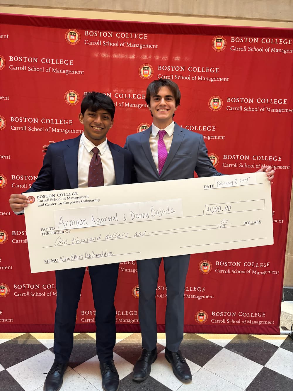  Carroll School students Danny Bajada and Armaan Agarwal (both CSOM '28) won first place in the 2025  Walter H. Klein Business Ethics Case Competition.