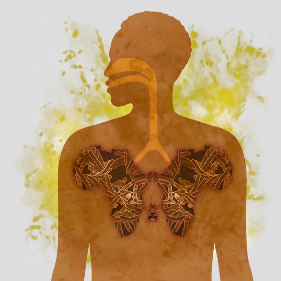 Silhouette of person with lungs shaped like the continent of Africa filled with TB bacteria