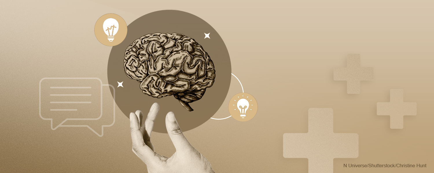 Monotone tan collage of a brain surrounded by graphics of conversation bubbles, light bulbs, a hand, and medical cross symbols. Image credit N Universe/Shutterstock/Christine Hunt.
