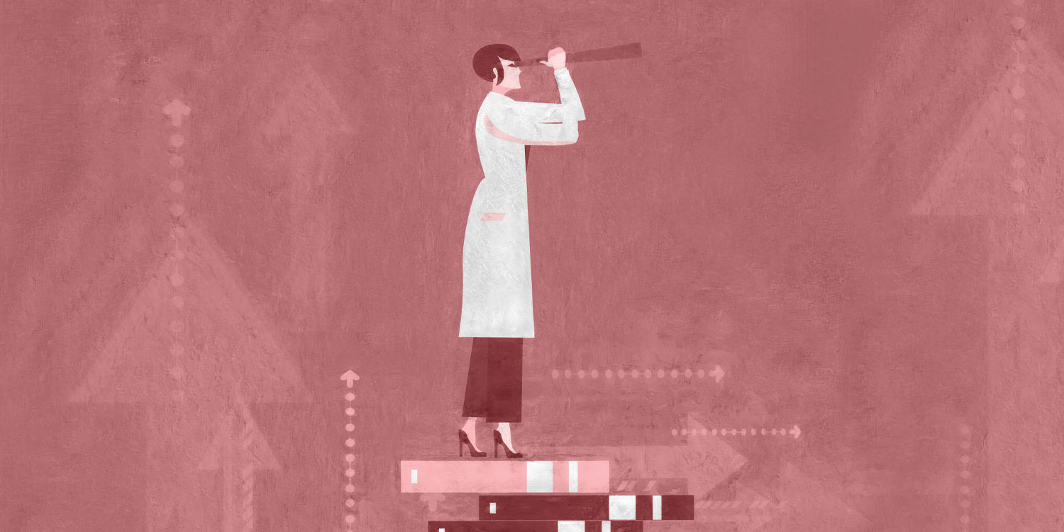 Pink tinted Illustration of person in white lab coat looking through a telesope while standing on a stack of books.