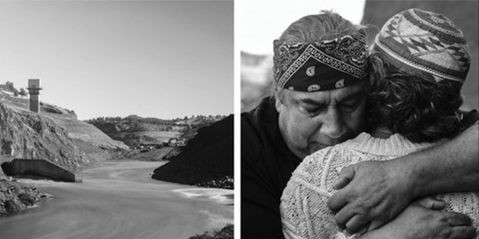 stretch of Klamath where dam removed (left), and two people embracing (right)