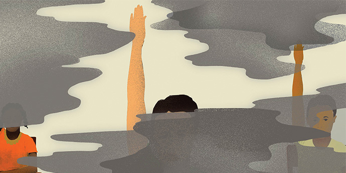 animation showing a child at a desk raising a heand while obscured by smoke