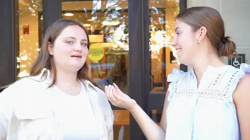 A still from a interview video. TLab undergraduate assistant interviewing lynch school student for 