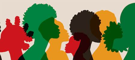 Silhouettes of Black people in black, green, and red shadings