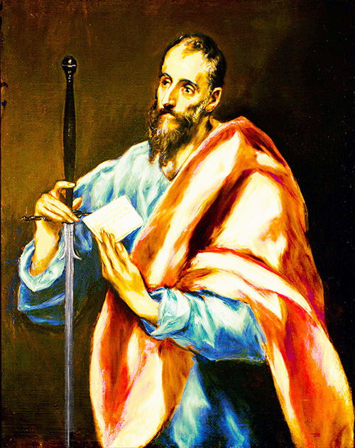 Painting of St. Paul wearing blue and red robes, holding a letter and a sword