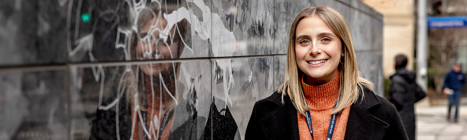 BC School of Social Work student outside Boston Children's Hospital