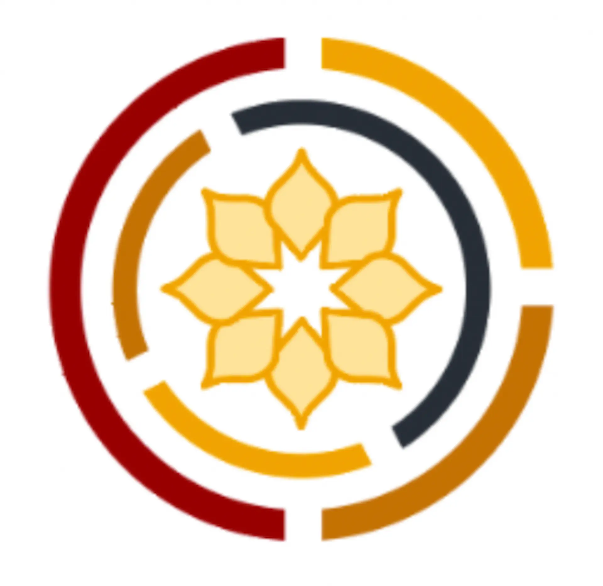 Stylized logo of a yellow flower surrounded by maroon, gold, orange, and dark gray arcs.