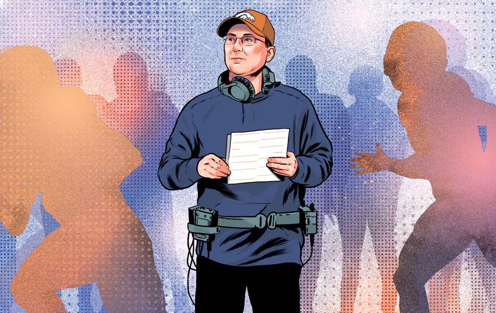 Illustration of Pete Carmichael Jr. on the sidelines