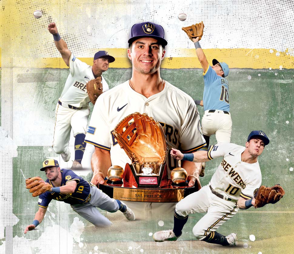 Collage of play action photos of Frelick as a Brewer and with his Gold Glove trophy