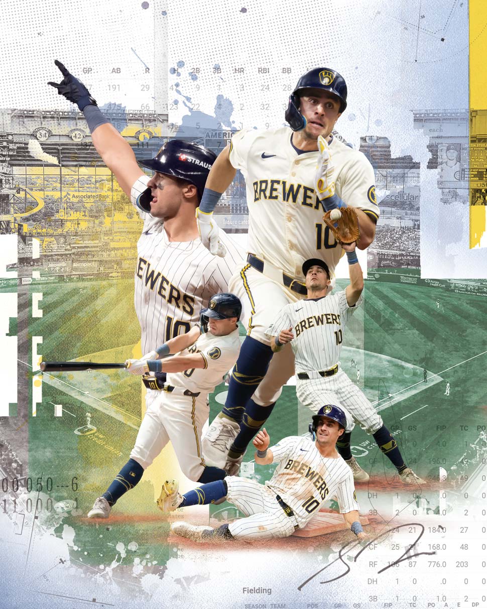 Collage of play action photos of Frelick over baseball field background