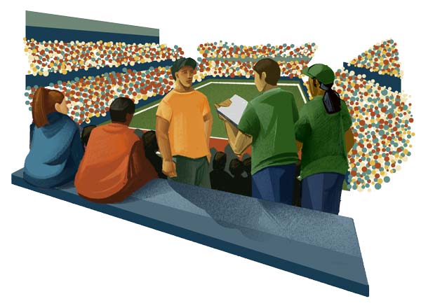 Illustration of green ambassadors quizing a fan at a game
