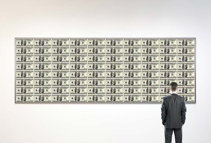 Photo illustration of a man in an art gallery contemplating a large painting of a sheet of $100 bills
