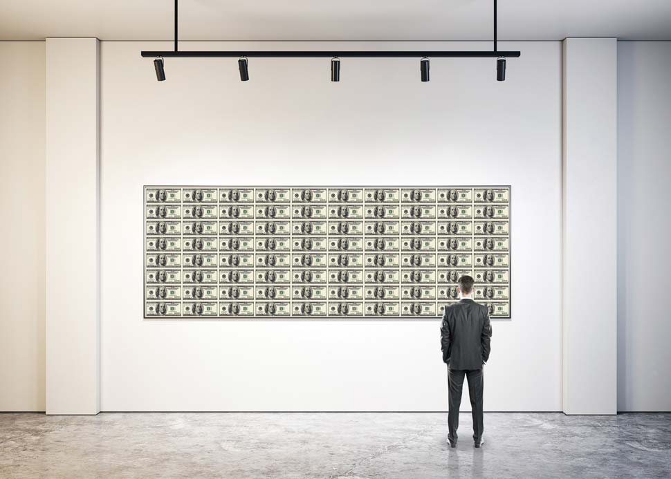 Photo illustration of a man in an art gallery contemplating a large painting of a sheet of $100 bills