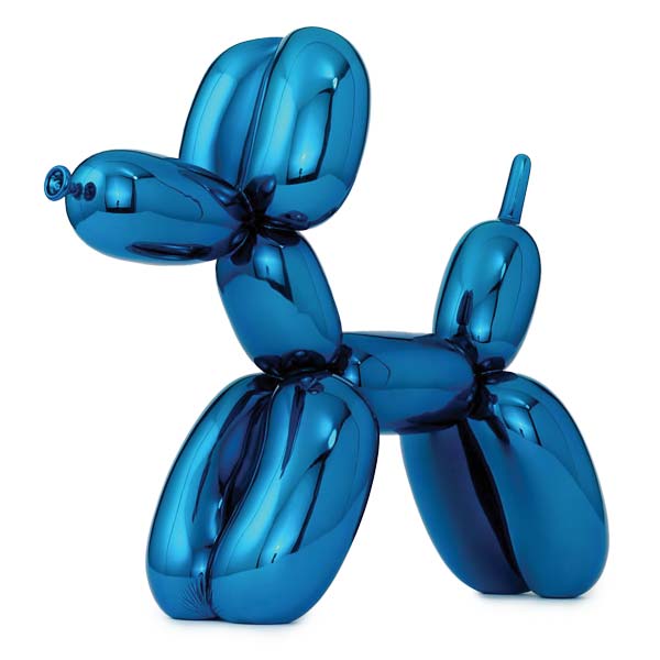 Photo of a blue metal sculpture depicting long balloon shaped into dog