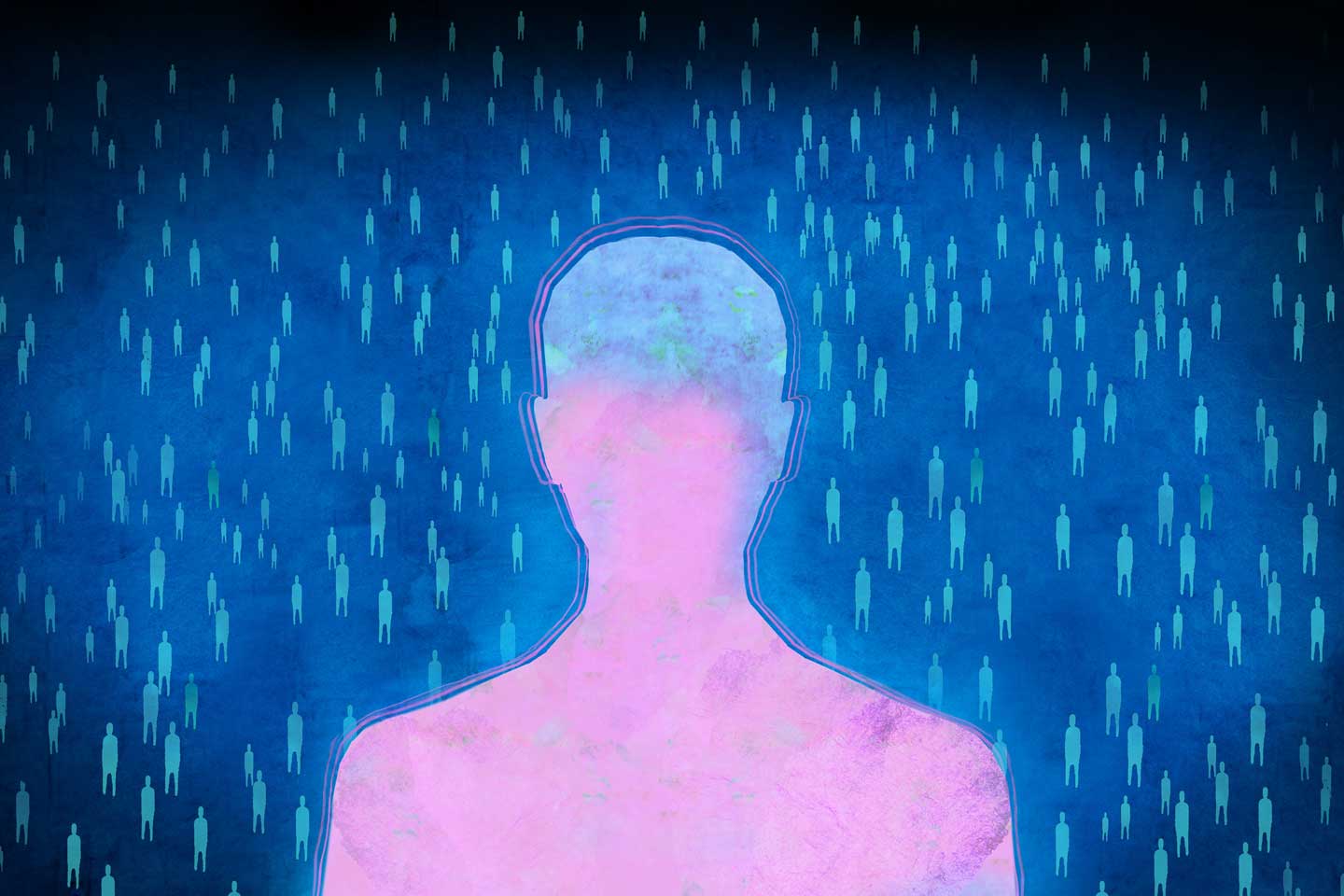 A lone figure in foreground among a field of people in the background.