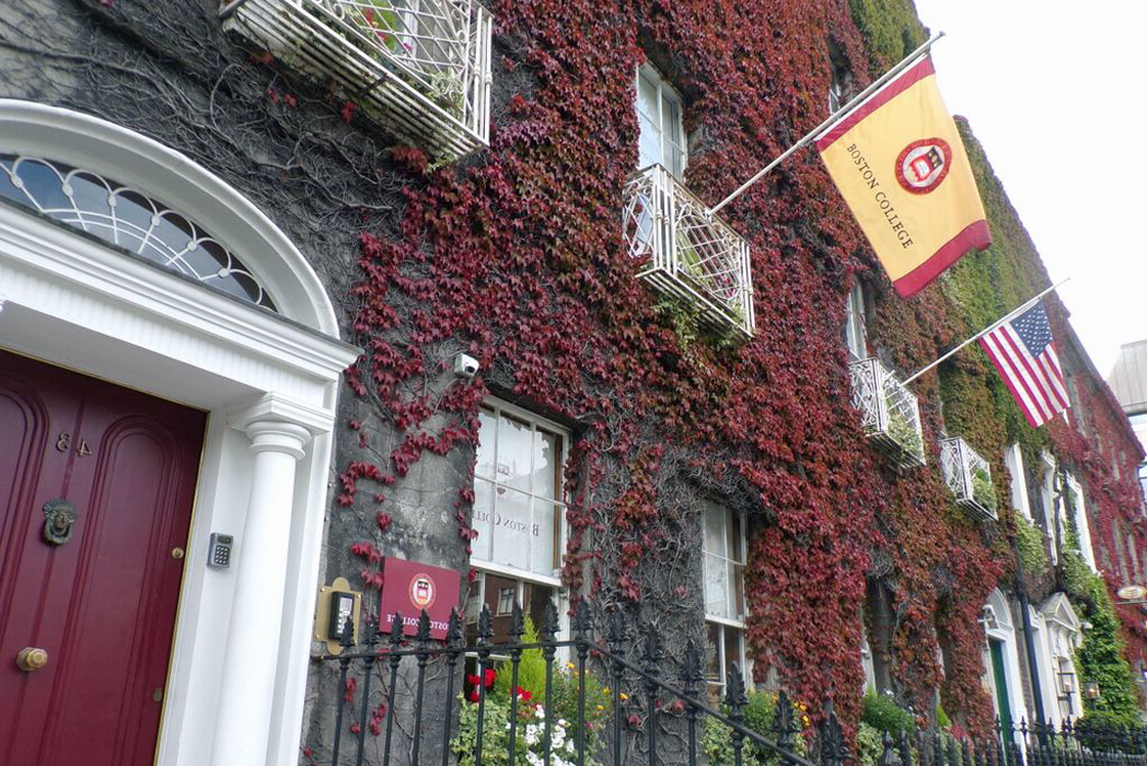 front door of BC Ireland - with BC and Irish flags