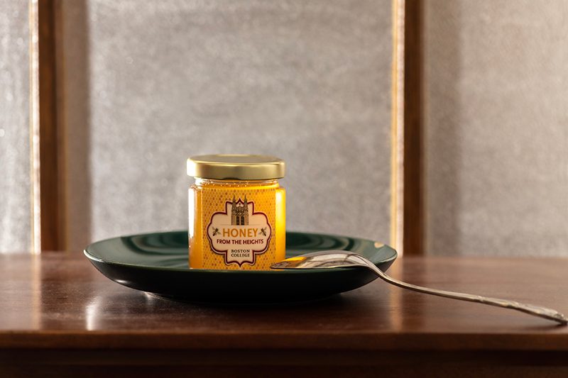 A jar of honey with the label "Honey from the Heights"