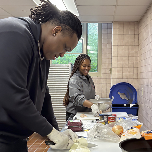 OCtober 8, 2025 -- Cooking & Conversation, held in Vanderslice Hall's kitchen new, is a new Office of Residential Life program, and brings faculty and students together to cook, connect, and share a meal.
