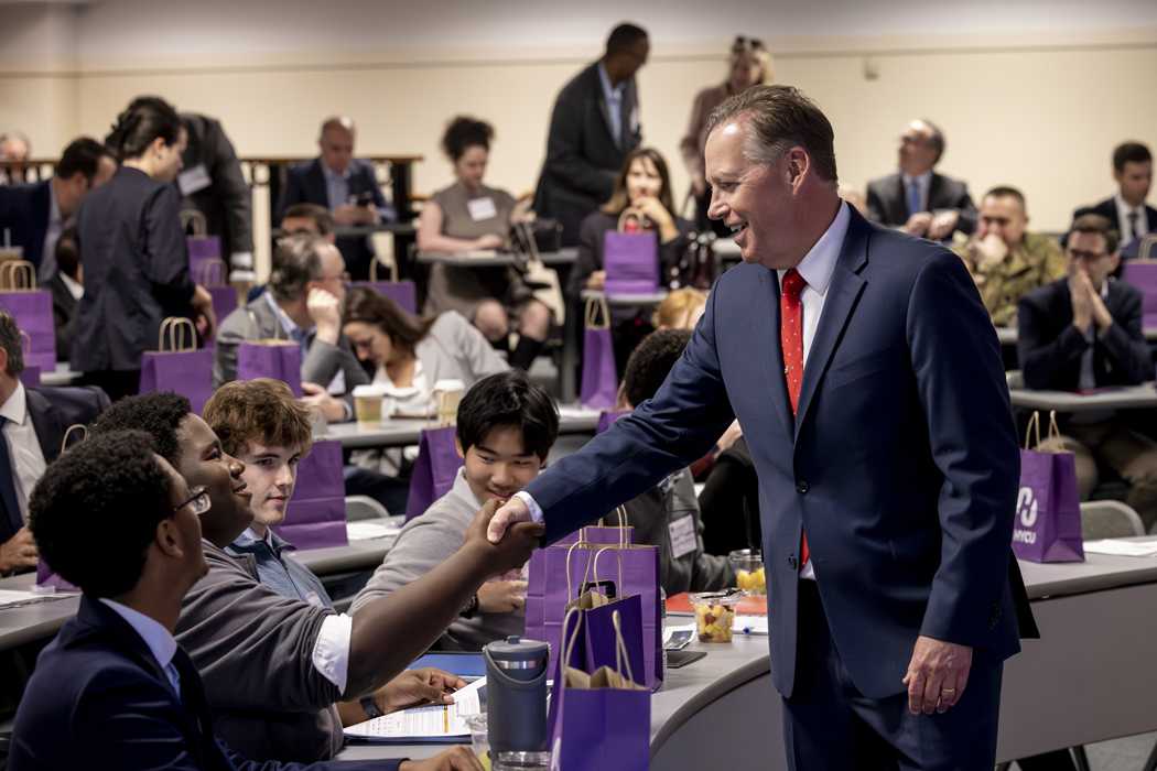 October 15, 2025 -- 9th Annual Boston Conference on Cyber Security. Kevin Powers, Director of Cyber Security at BC Law, welcoming BC High students.
