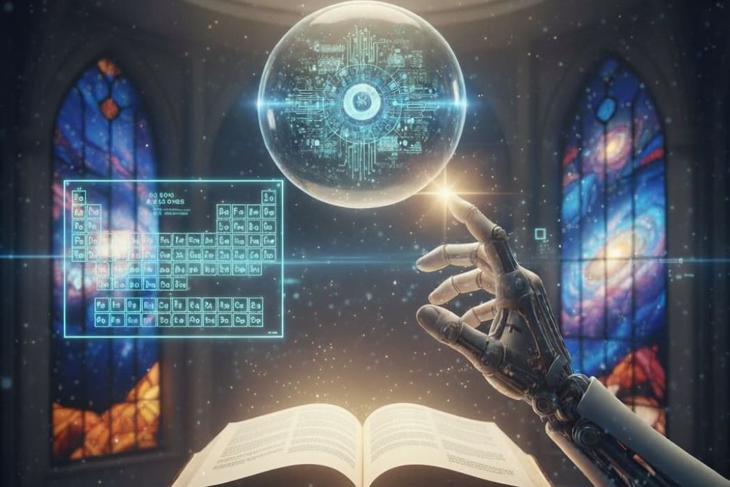 graphic of sciene, technology and religion