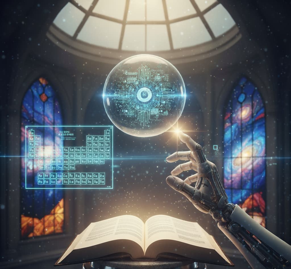 graphic of sciene, technology and religion