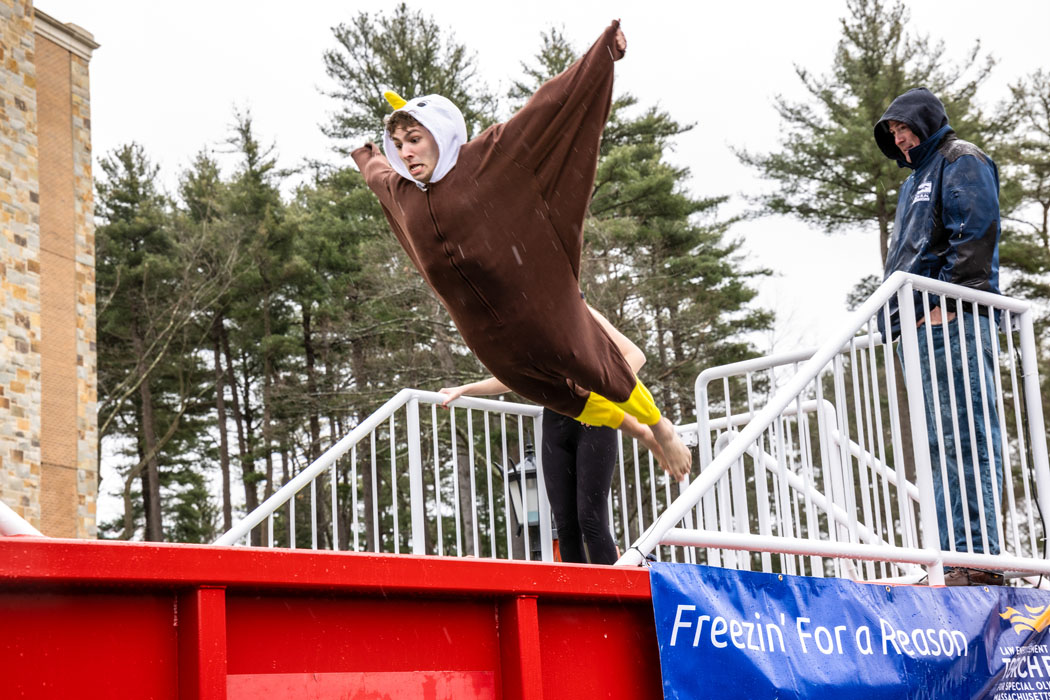 person in an eagle costume diving into the pool
