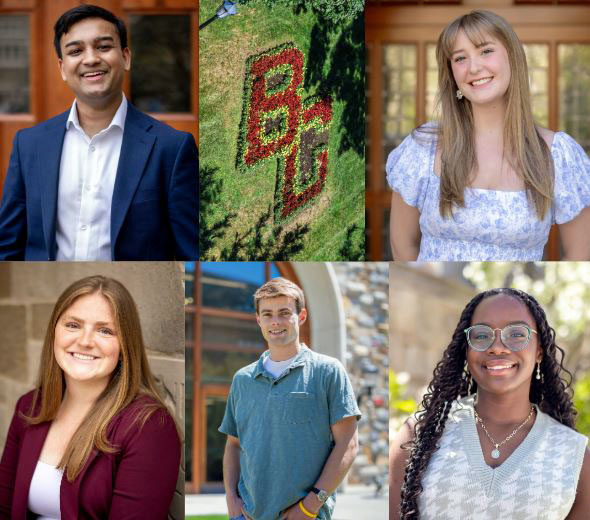 portraits of five students on campus