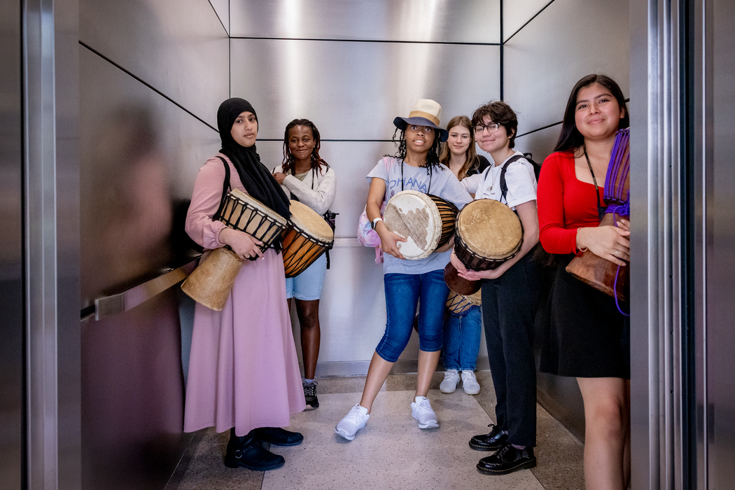 July 23, 2025 -- Boston College's Pine Manor Academy in session. Malian drumming in Higgins Hall.