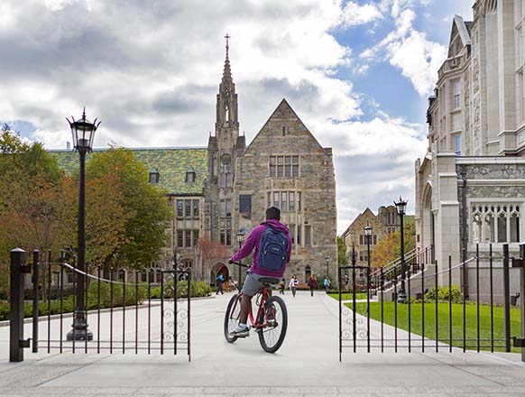 Main campus in autumn during the mid-day class change.